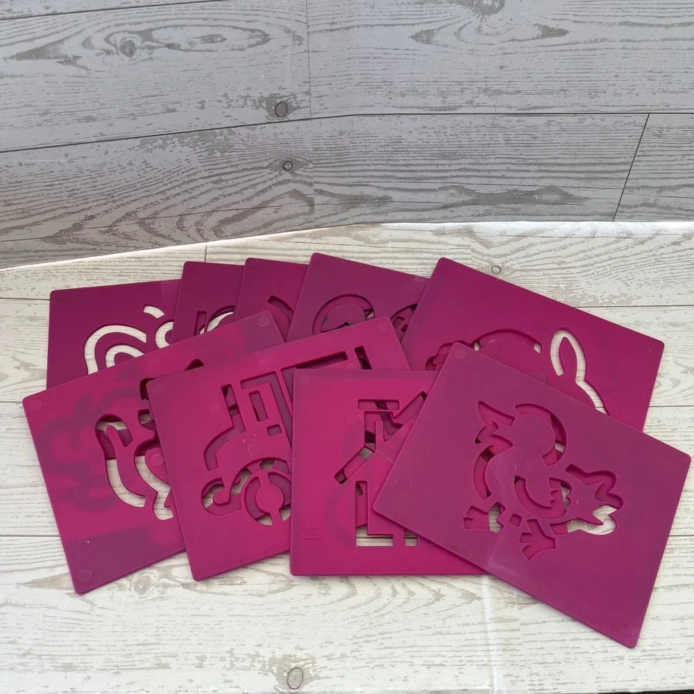Vintage 1993 Binney & Smith Pink Plastic Stencils Set of 9‎ Animals Vehicles 90s